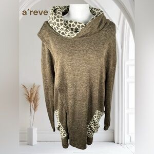 Anthropologie | A'reve | Brown Cowl Neck Sweater with Cream Accents